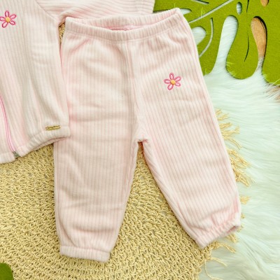 Conj. Jaqueta e Calça em Soft Canelado com Flor Bordada - Rosa